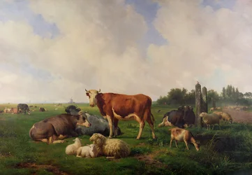 Animais pastando em um prado